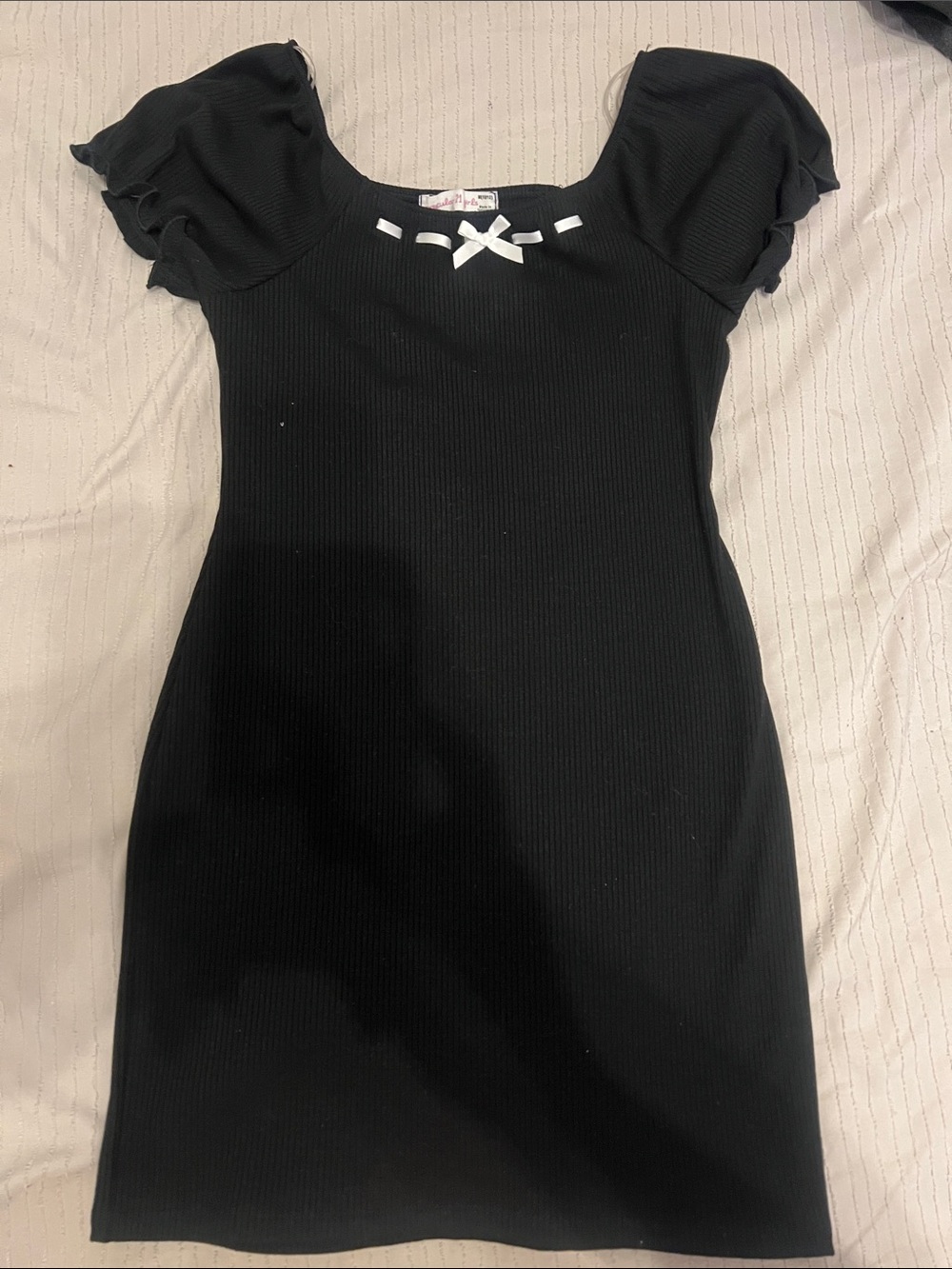 Black Girls' Ribbed Puff-Sleeve Dress with Bow
